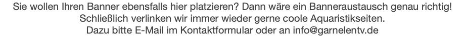 Sie wollen Ihren Banner ebensfalls hier platzieren? Dann wäre ein Banneraustausch genau richtig! Schließlich verlinken wir immer wieder gerne coole Aquaristikseiten. Dazu bitte E-Mail im Kontaktformular oder an info@garnelentv.de
